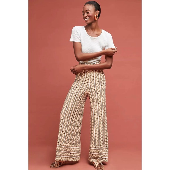 FARM Rio Pants - Farm Rio Anthropologie Wide Leg Pants Size M Tan Geometric Knit Pull On Boho